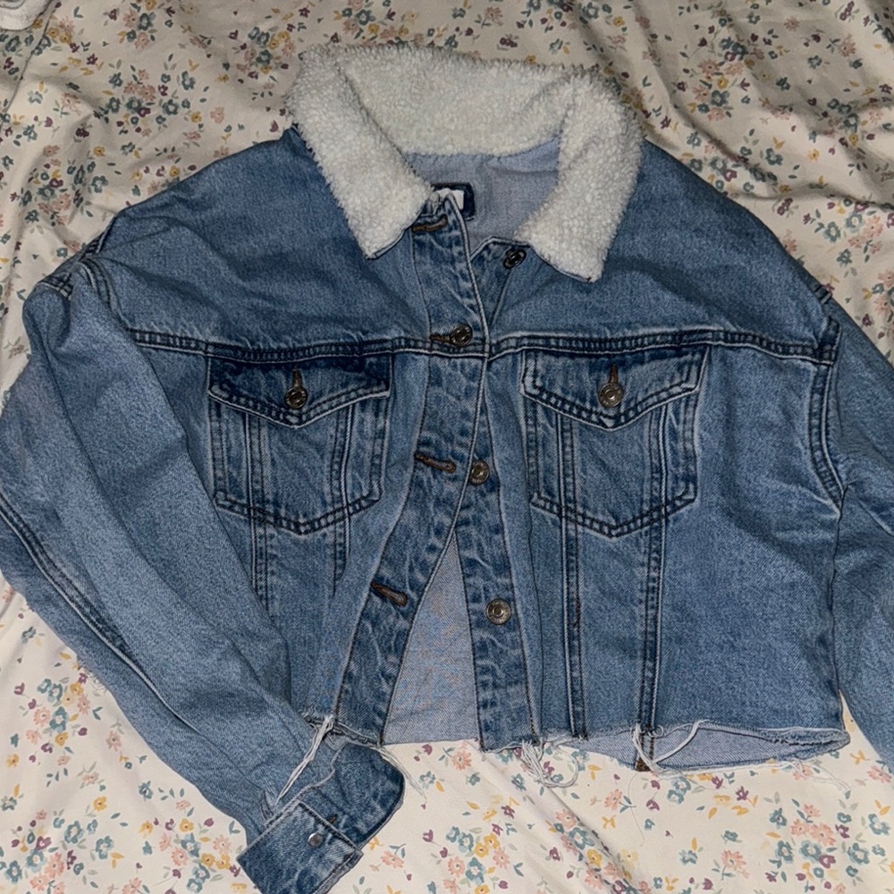 Women's Blue Denim Jacket with White Sherpa Collar